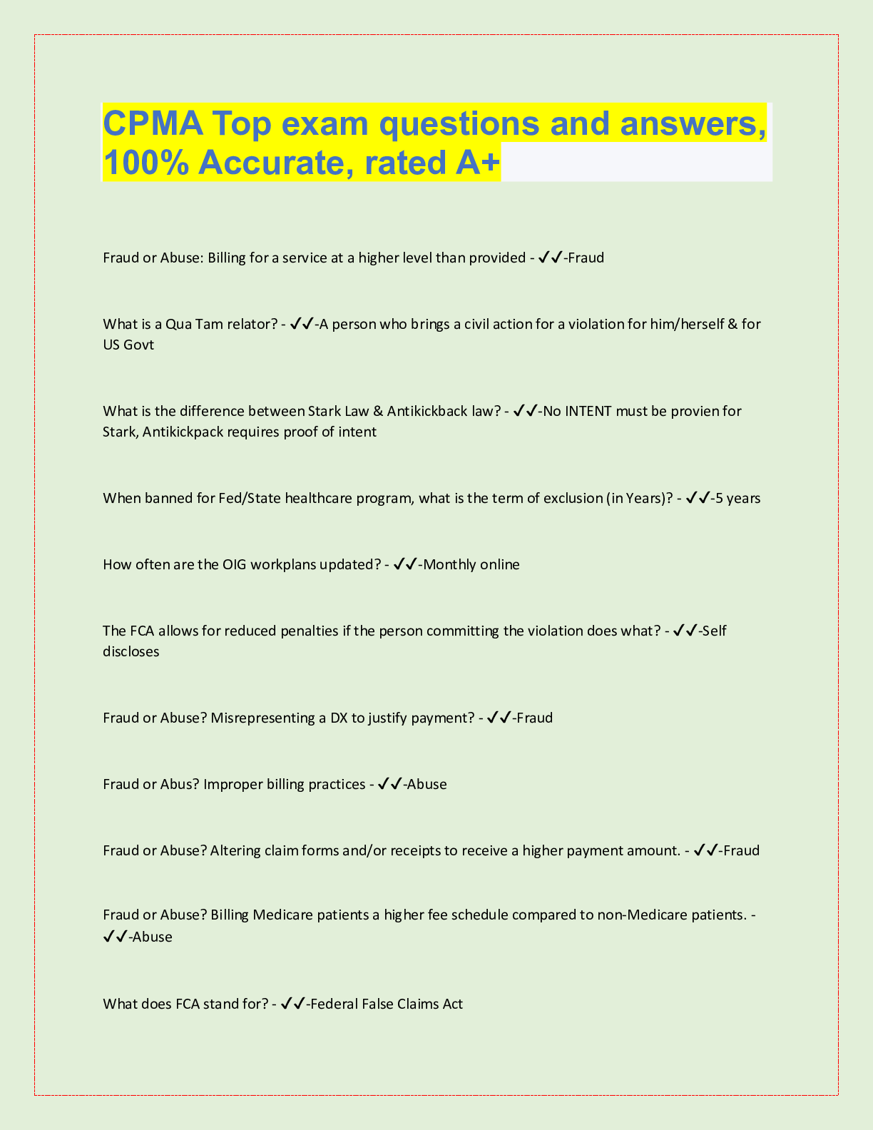 Preview image for CPMA Top exam questions and answers,  100% Accurate, rated A+ Fraud or Abuse: Billing for a se